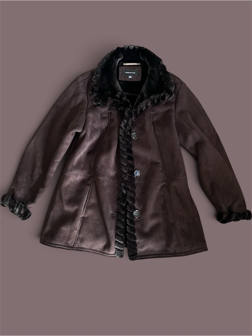 Vintage Jones New York Brown Faux Suede Fur Trim Coat XL Y2K 90s